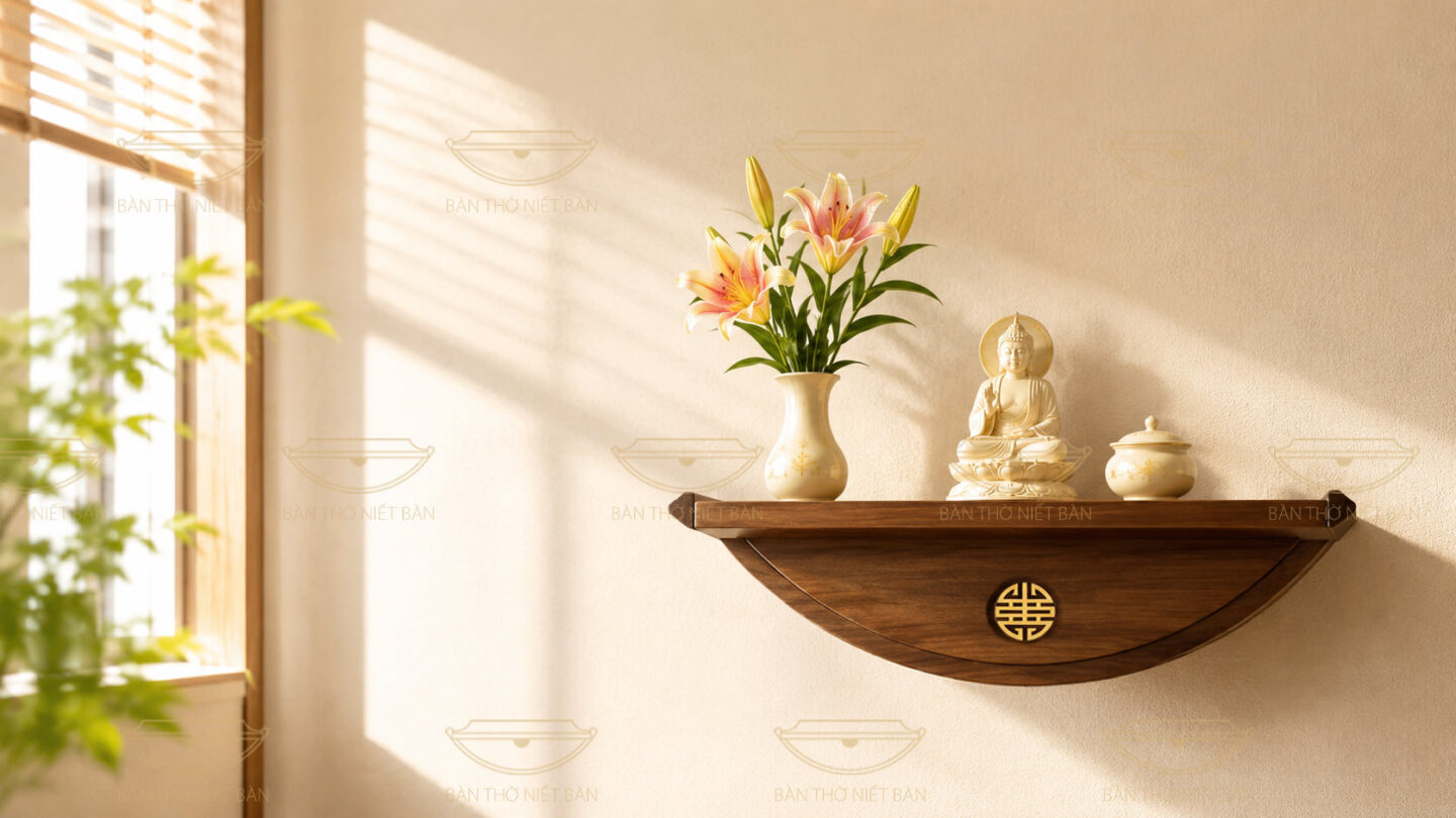 Bàn thờ Phật treo tường Đài Nguyệt - thiết kế bán nguyệt gỗ Gụ cho chung cư