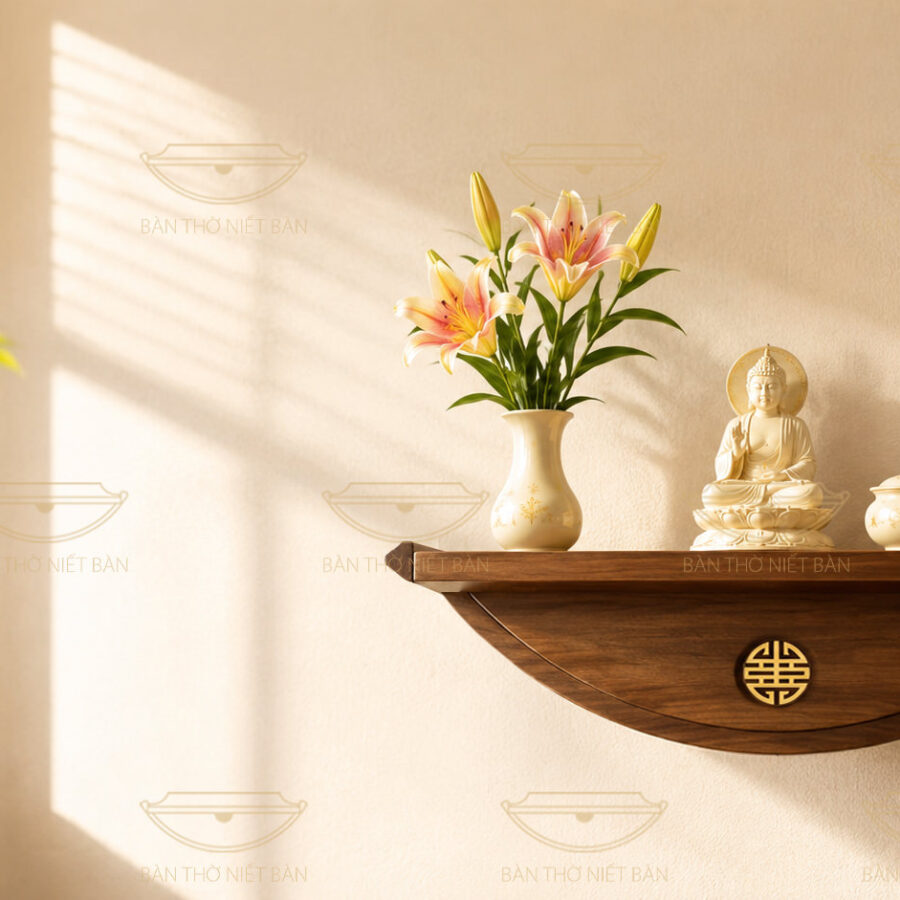 Bàn thờ Phật treo tường Đài Nguyệt - thiết kế bán nguyệt gỗ Gụ cho chung cư
